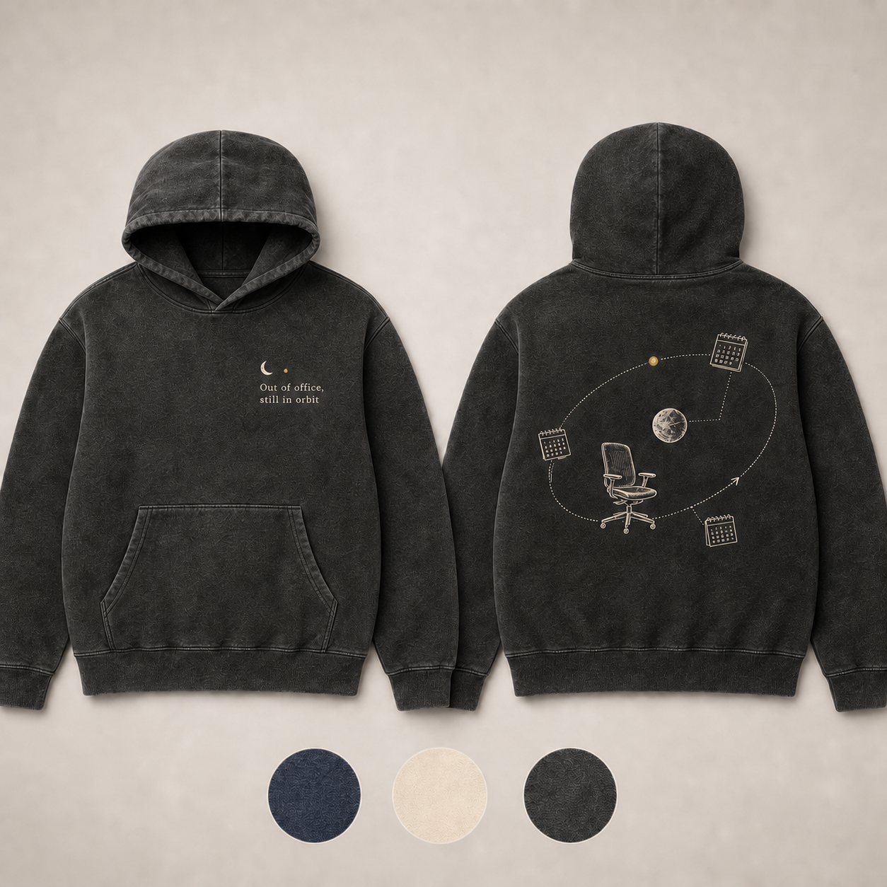 Washed Charcoal Color. Front and back of a faded-navy pullover hoodie with an autoresponder moon and an office chair orbiting through calendar satellites.