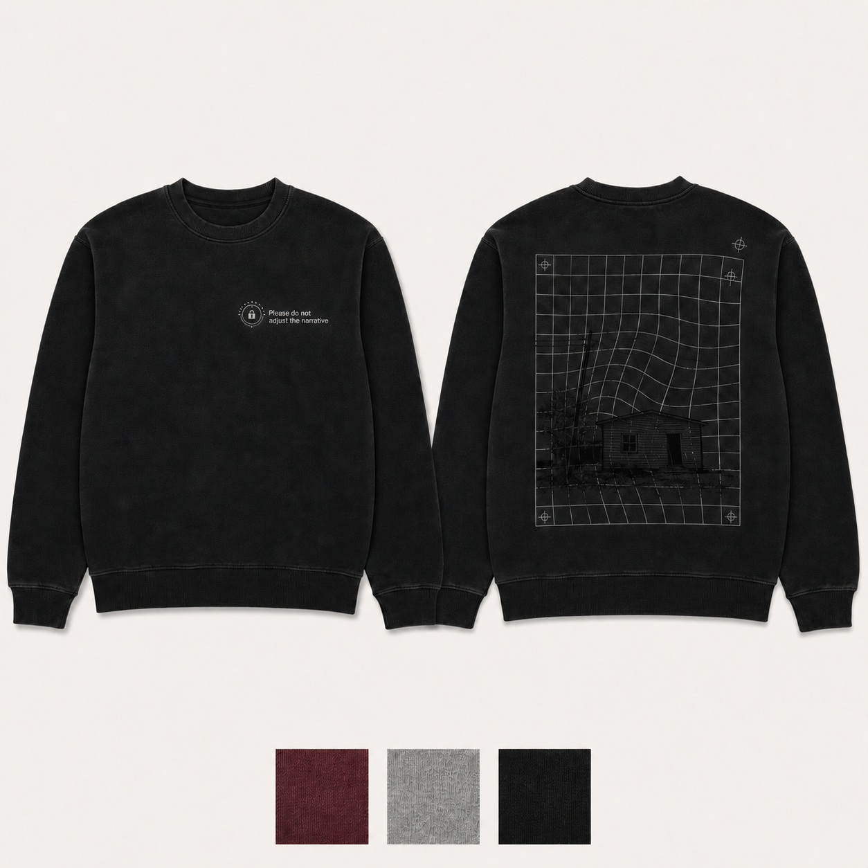 Ink Black Color. Front and back of an oxblood crewneck with a locked calibration dial and a grid bending around a scene that will not align.