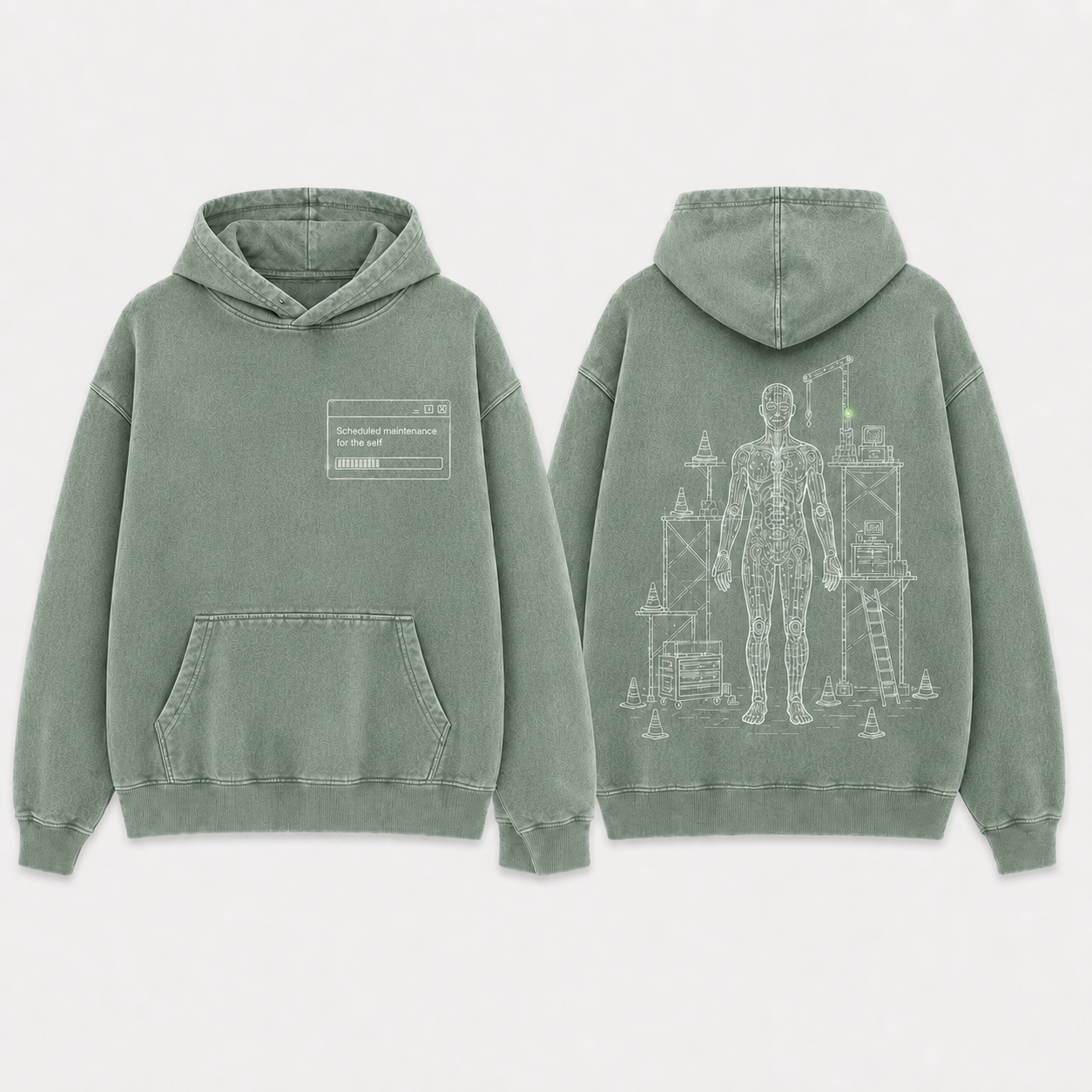Eucalyptus Color. Front and back of a washed-stone pullover hoodie with an open maintenance window and a figure-shaped service diagram under repair.