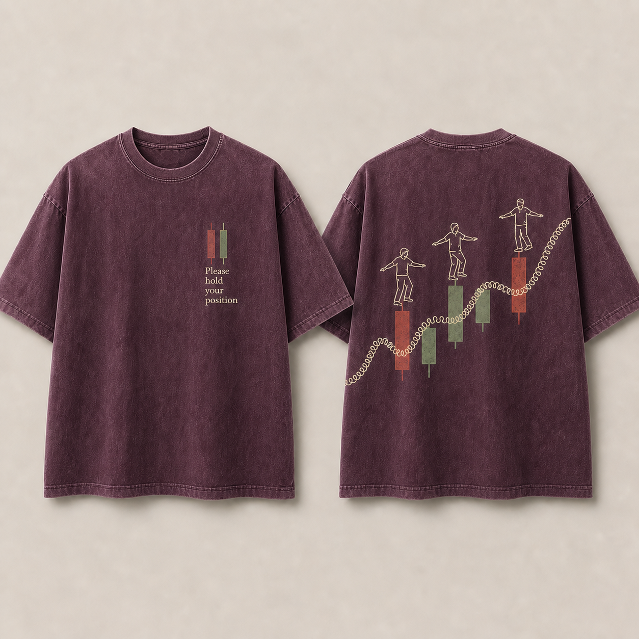 Front and back of a washed-aubergine oversized tee with a hold-position chest notice and balancing figures moving across market bars.