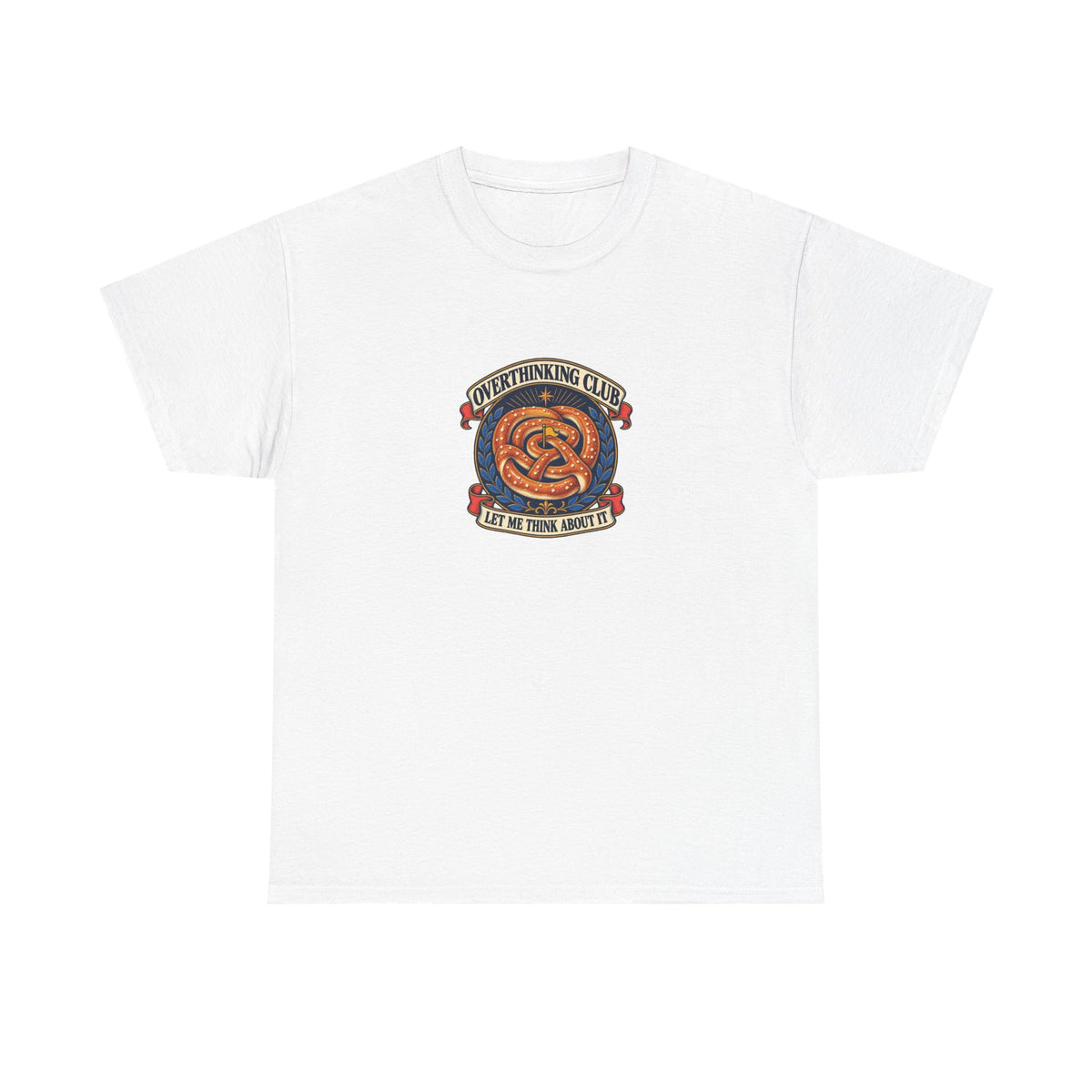 White Overthinking Club Tee, front view with pretzel maze crest and “OVERTHINKING CLUB LET ME THINK ABOUT IT” graphic.