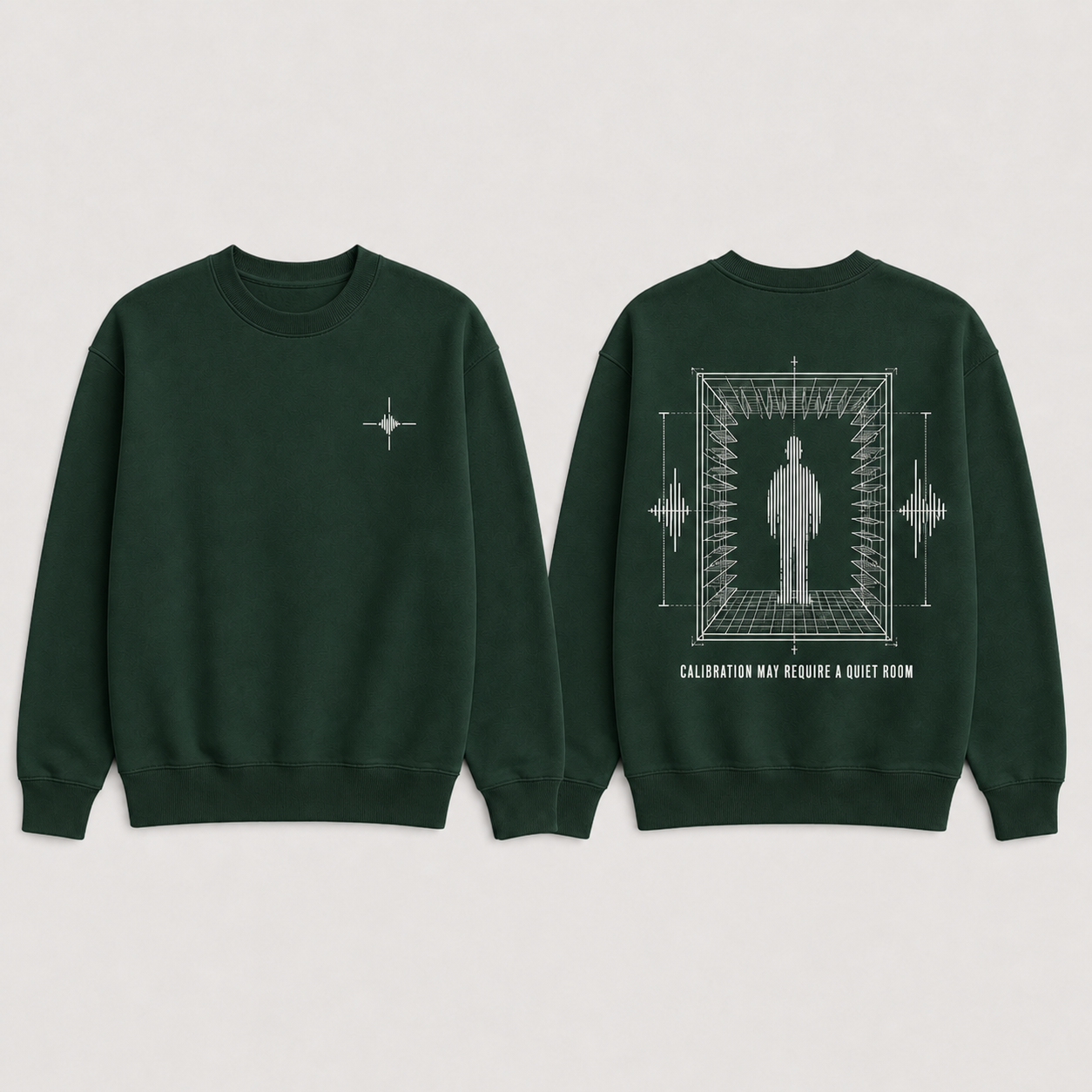 Quiet Calibration — Crewneck Sweatshirt in Deep Forest.