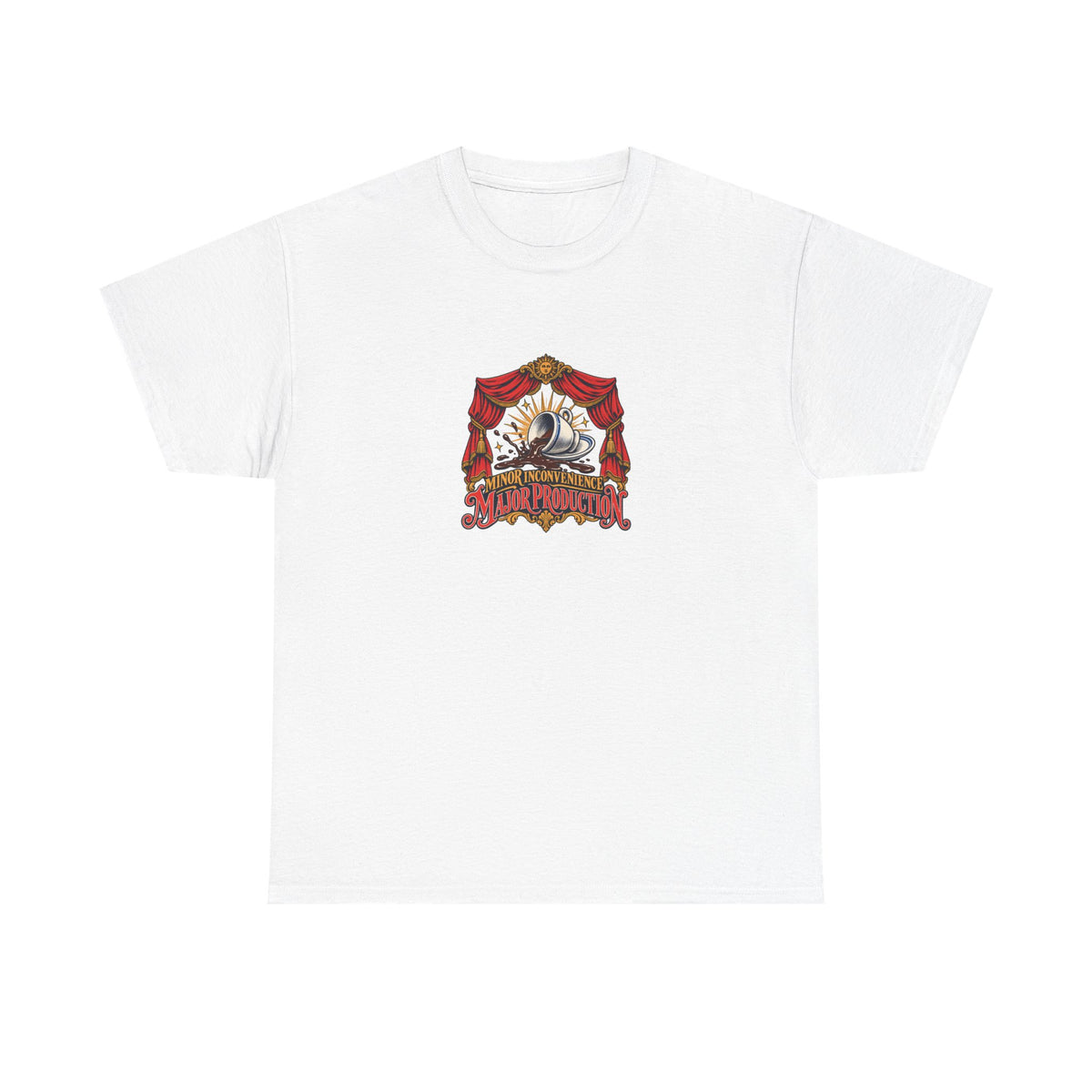 White Minor Inconvenience Tee, front view with spilled espresso under theater curtains and “MINOR INCONVENIENCE MAJOR PRODUCTION” graphic.