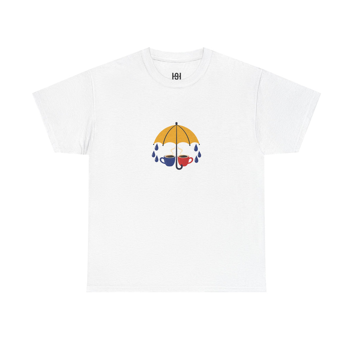 White tee mockup with a yellow umbrella sheltering two small blue and red cups.