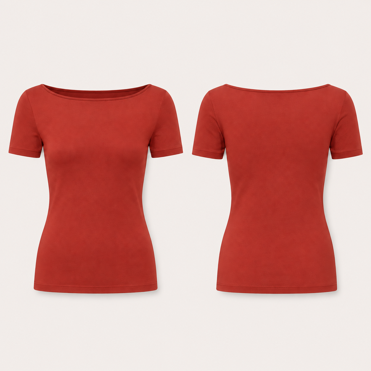 Front and back concept views of the same fitted boat-neck tee in red clay.