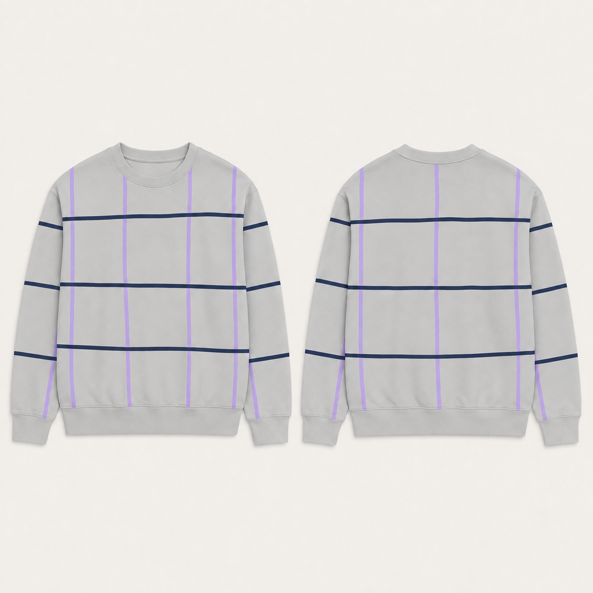 Front and back of the same open-grid crewneck in smoke grey with lilac vertical and ink horizontal lines.