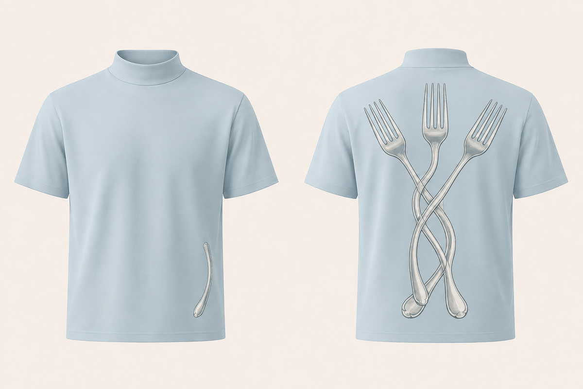 Front and back of a Glacier Blue short-sleeve mock-neck tee, with three silver forks forming a broad fan of interlaced handles on the back and a single curved silver stroke low on the front.