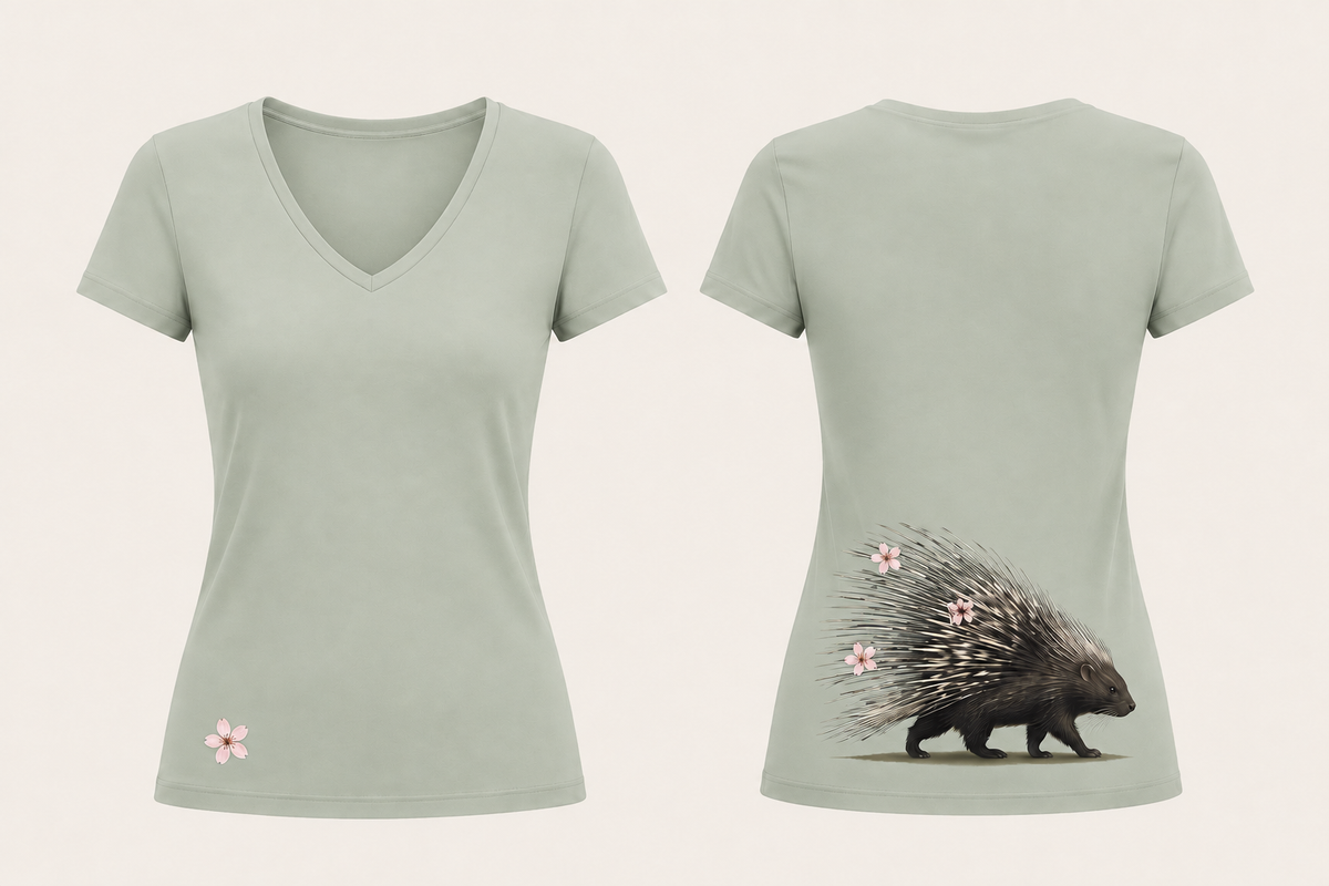 Front and back of a Mist Green fitted V-neck short-sleeve tee, with one pale pink blossom low on the front and a natural porcupine carrying three blossoms in its quills low on the back.