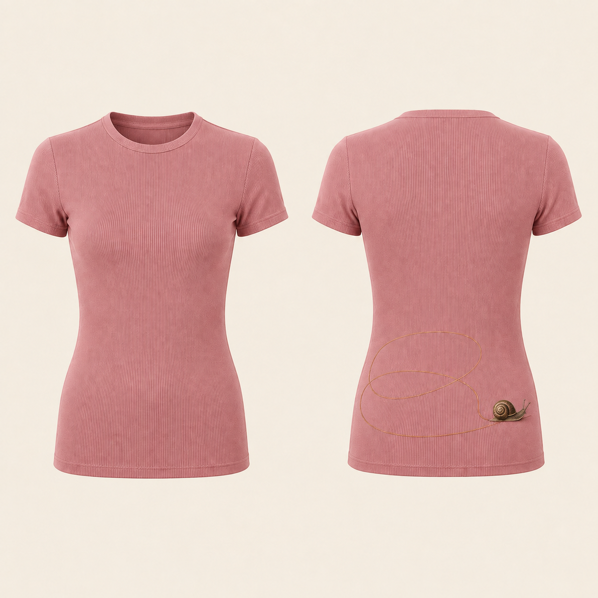 Front and back of a fitted dusty-rose rib tee with a high crew neck; two copper loops unwind toward a small natural snail on the lower back.