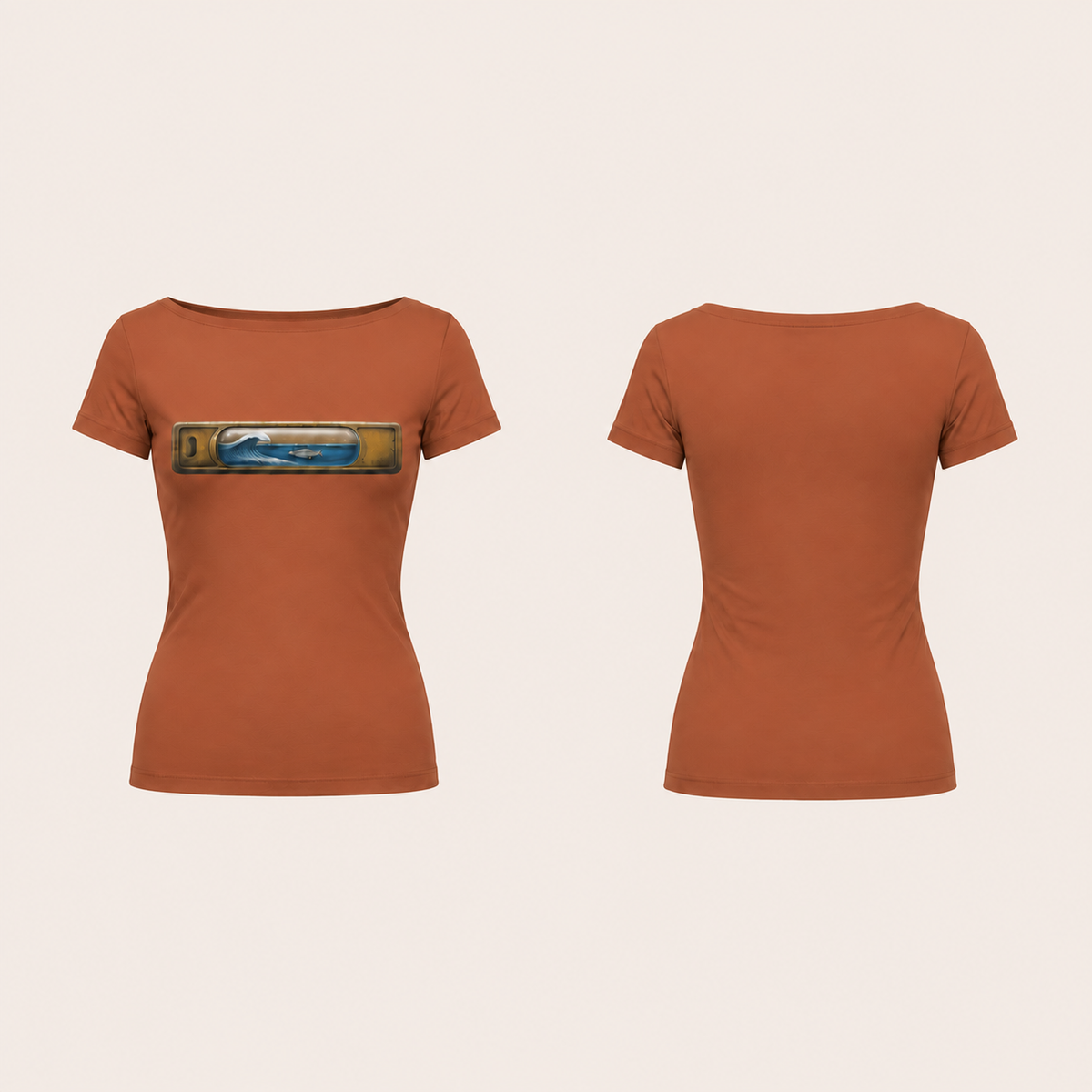 Front and back of a copper-colored fitted boat-neck short-sleeve tee, with a brass spirit level containing a tiny wave and silver fish in its central glass vial on the front.