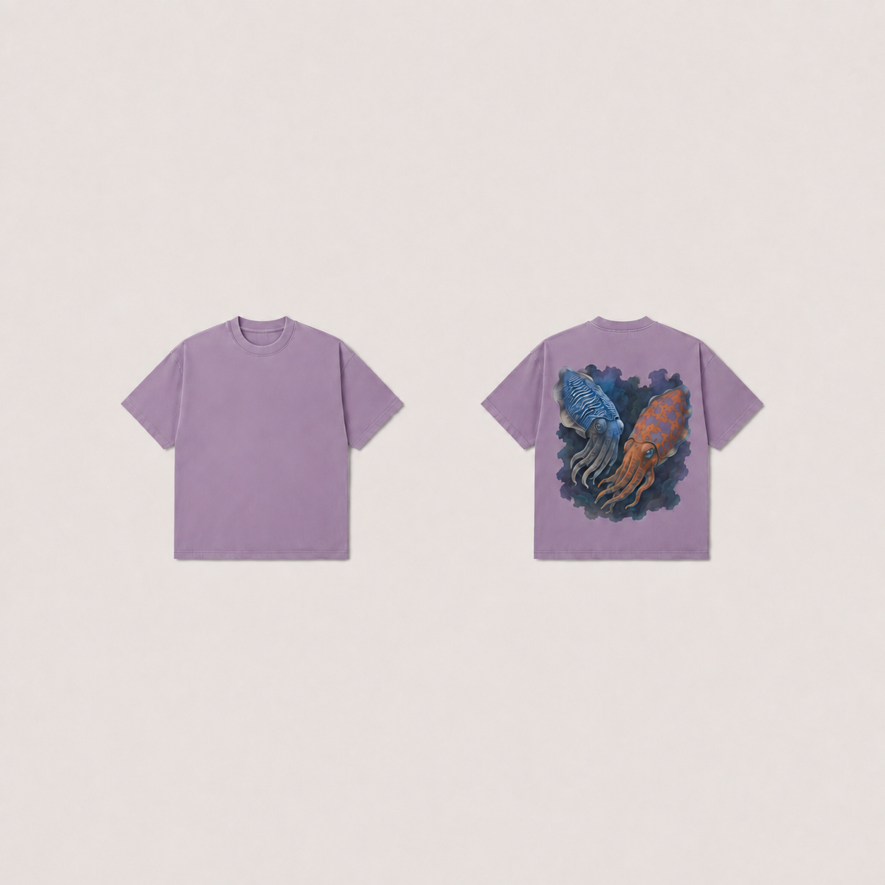 The same tee in smoky lilac with the blue and orange cuttlefish picture retained on the back.
