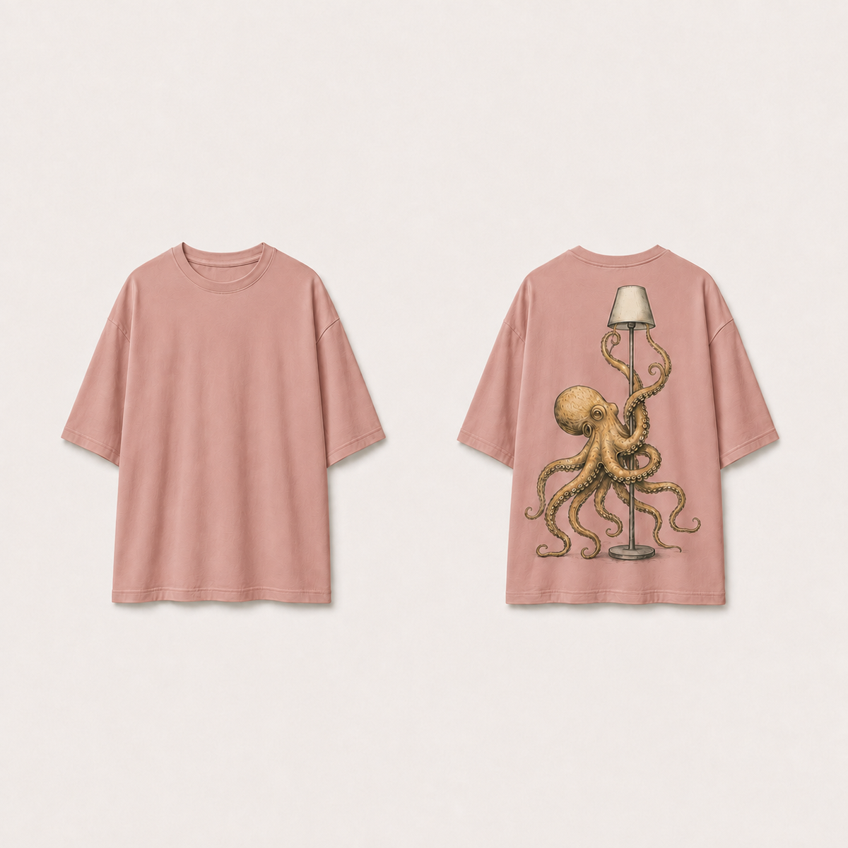 Front and back of the same octopus-and-lamp oversized tee in clay pink.