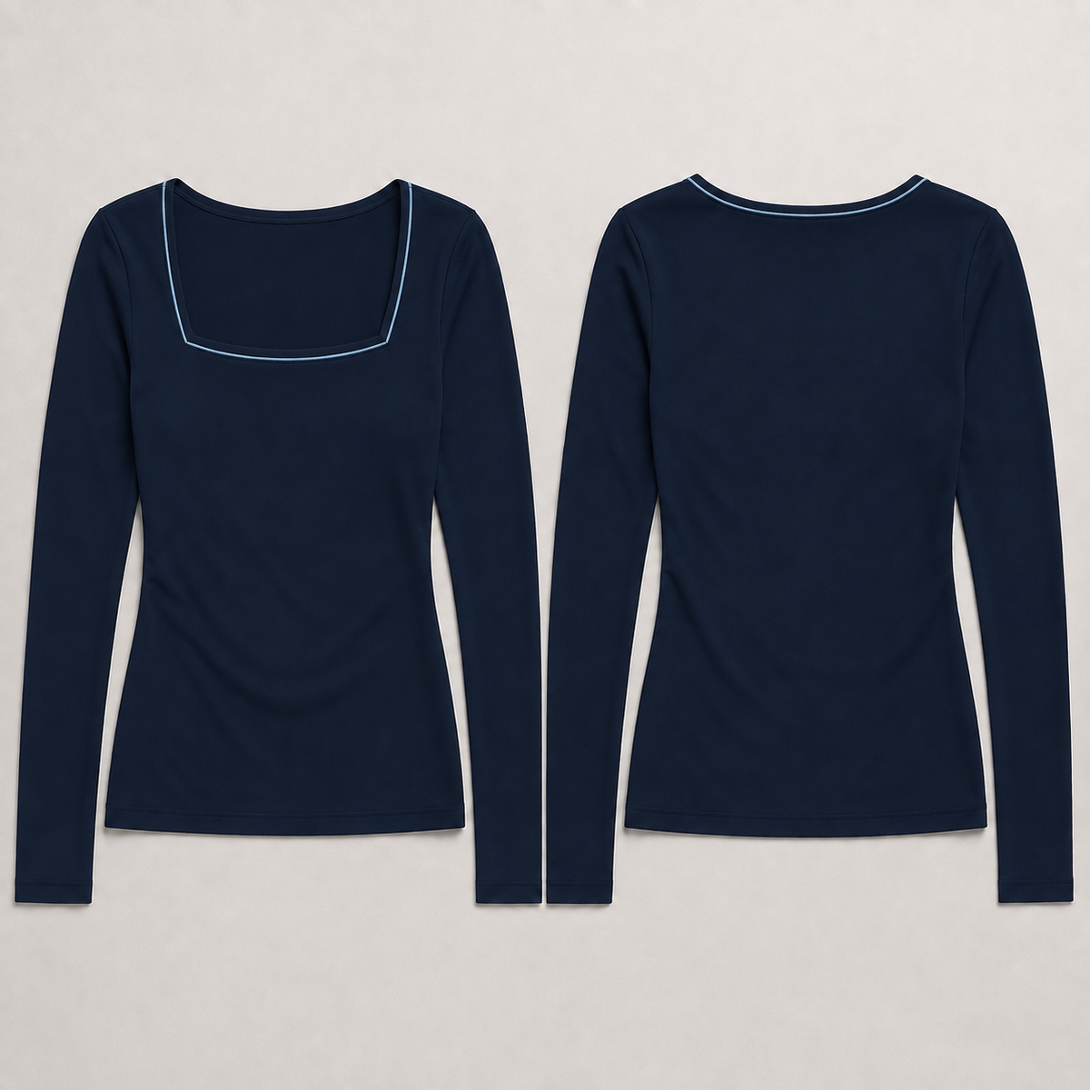 Front and back of the same long-sleeve top in ink blue with a narrow pale-blue neckline edge.