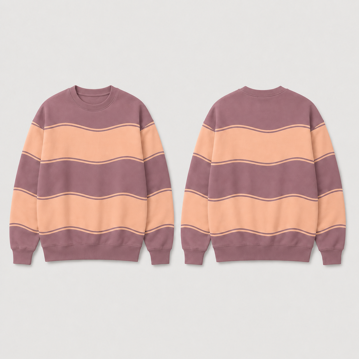 Front and back of the same wavy-banded crewneck in mauve and apricot.