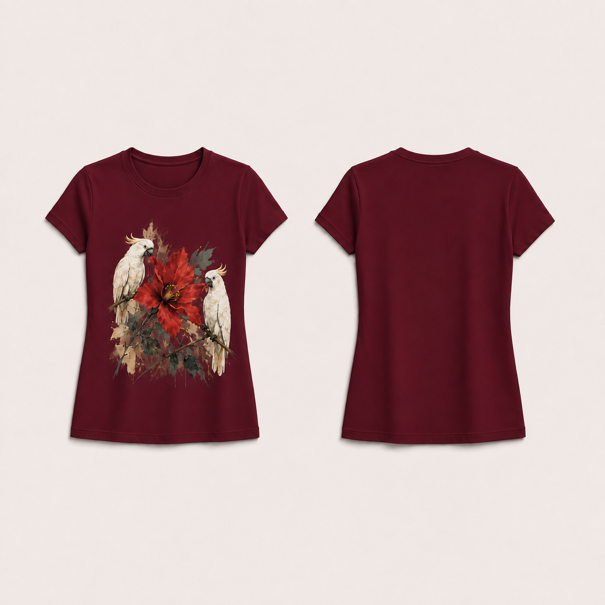 Dark Cherry fitted tee with matching two white cockatoos and a large red flower on the front; plain back.