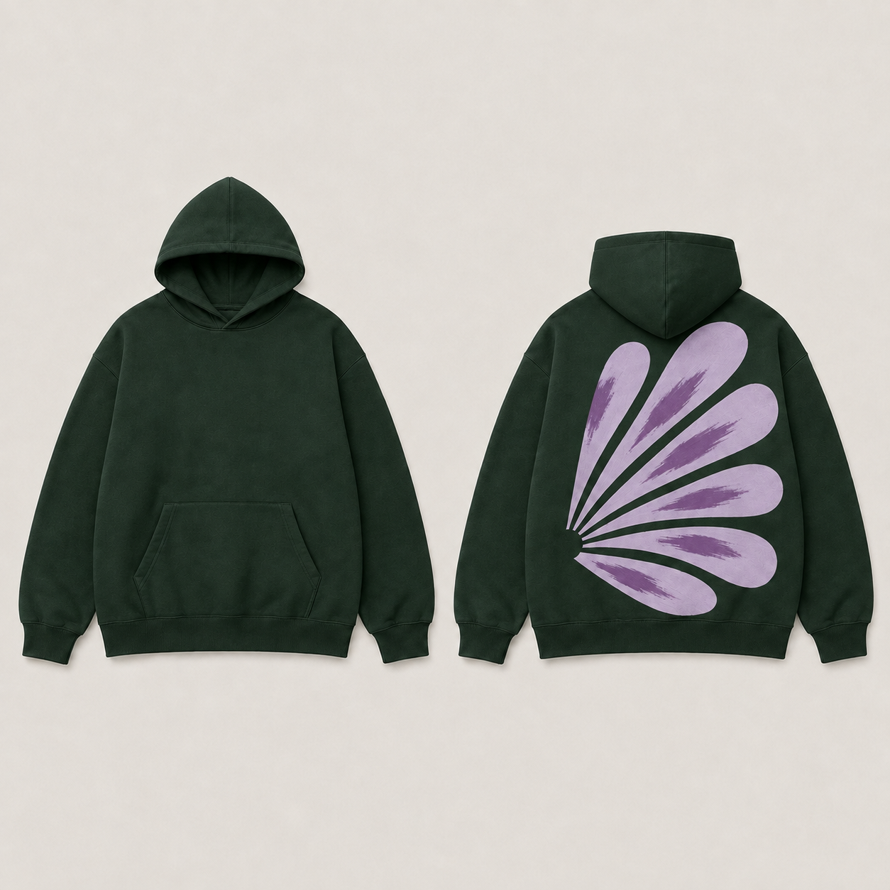 Front and back of a pine pullover hoodie, with a six-ray pale-lilac and violet fan on the back and a plain front pocket.