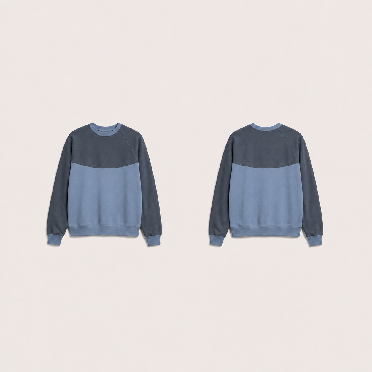 Smoke Blue crewneck with matching deep slate curved upper yoke and raglan sleeves, shown front and back.