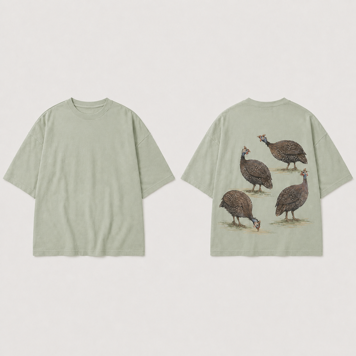 Front and back of a pale-sage oversized tee with a plain front and four charcoal-and-cream speckled guinea fowl in different poses on the back.