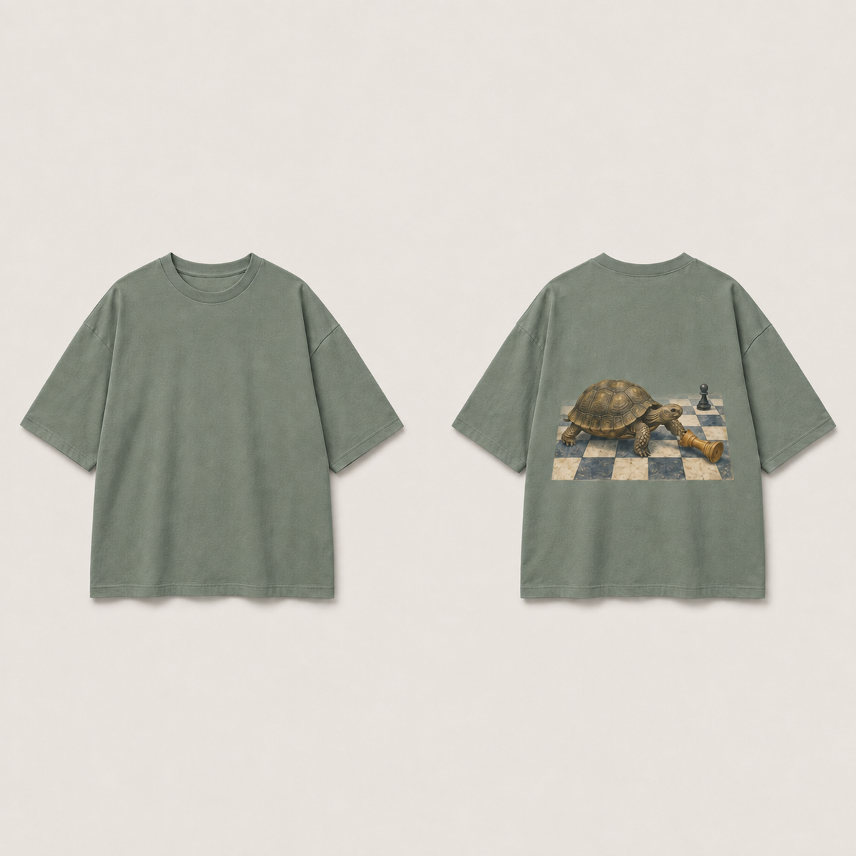 The same tortoise-and-chess oversized tee in dusty pine, with its plain front and two-piece chess position retained.