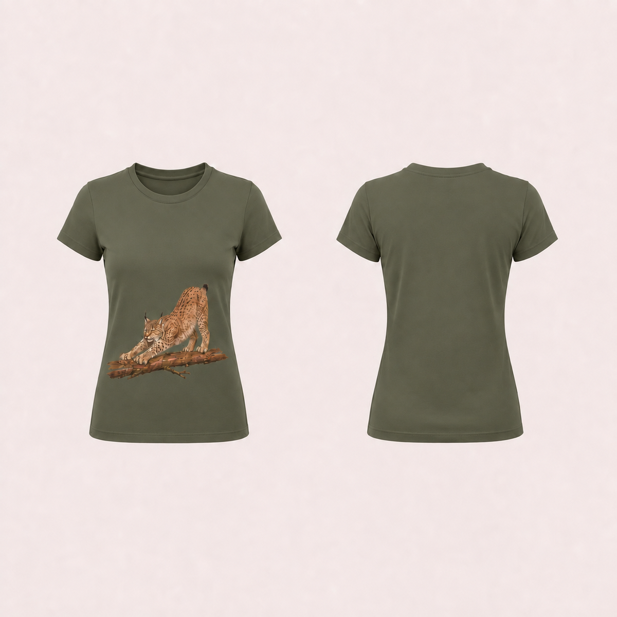 Smoky olive fitted tee, front and plain back, with the same bounded lynx and branch illustration.