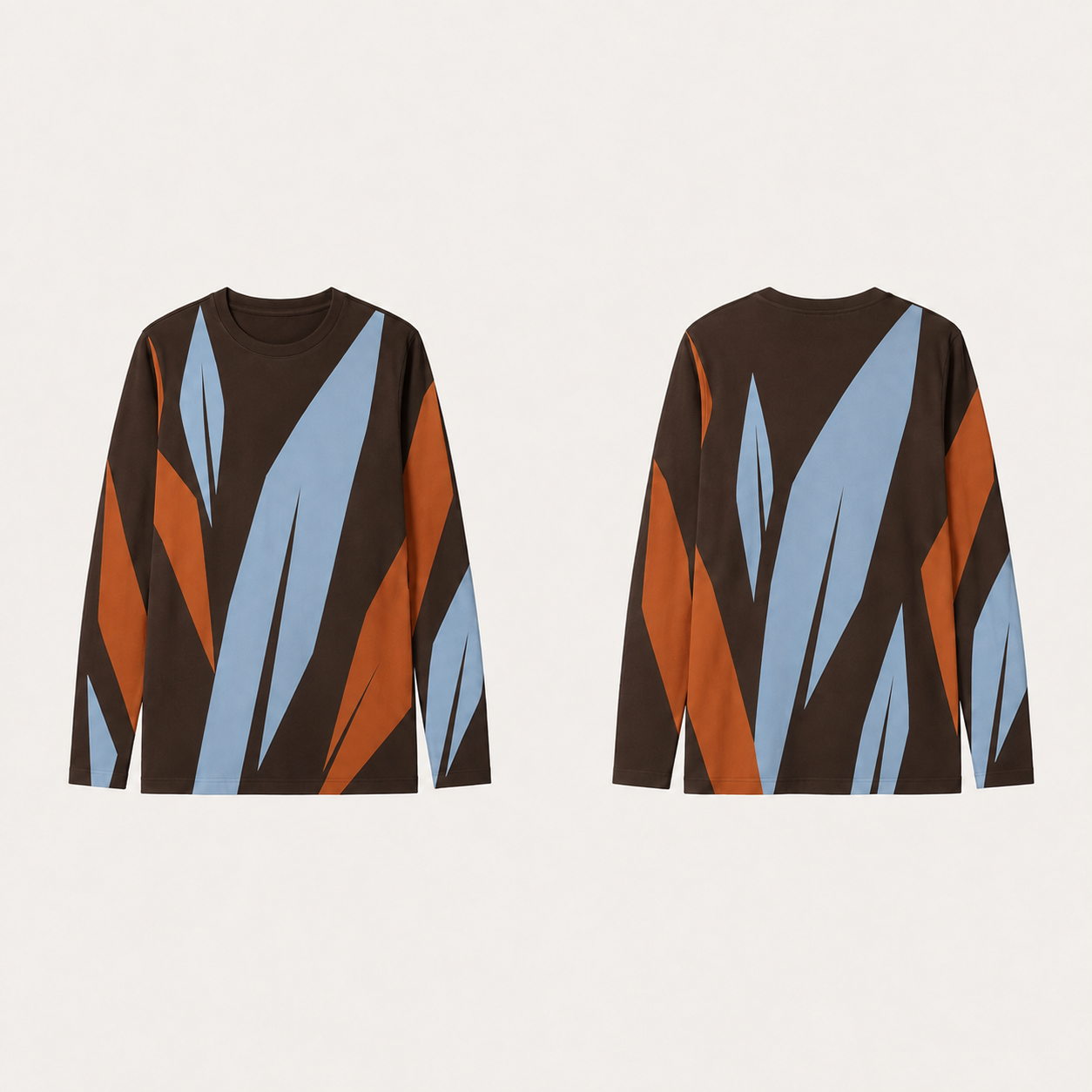 Chocolate long-sleeve tee with matching ice blue and rust angular leaf planes across front, back and sleeves.