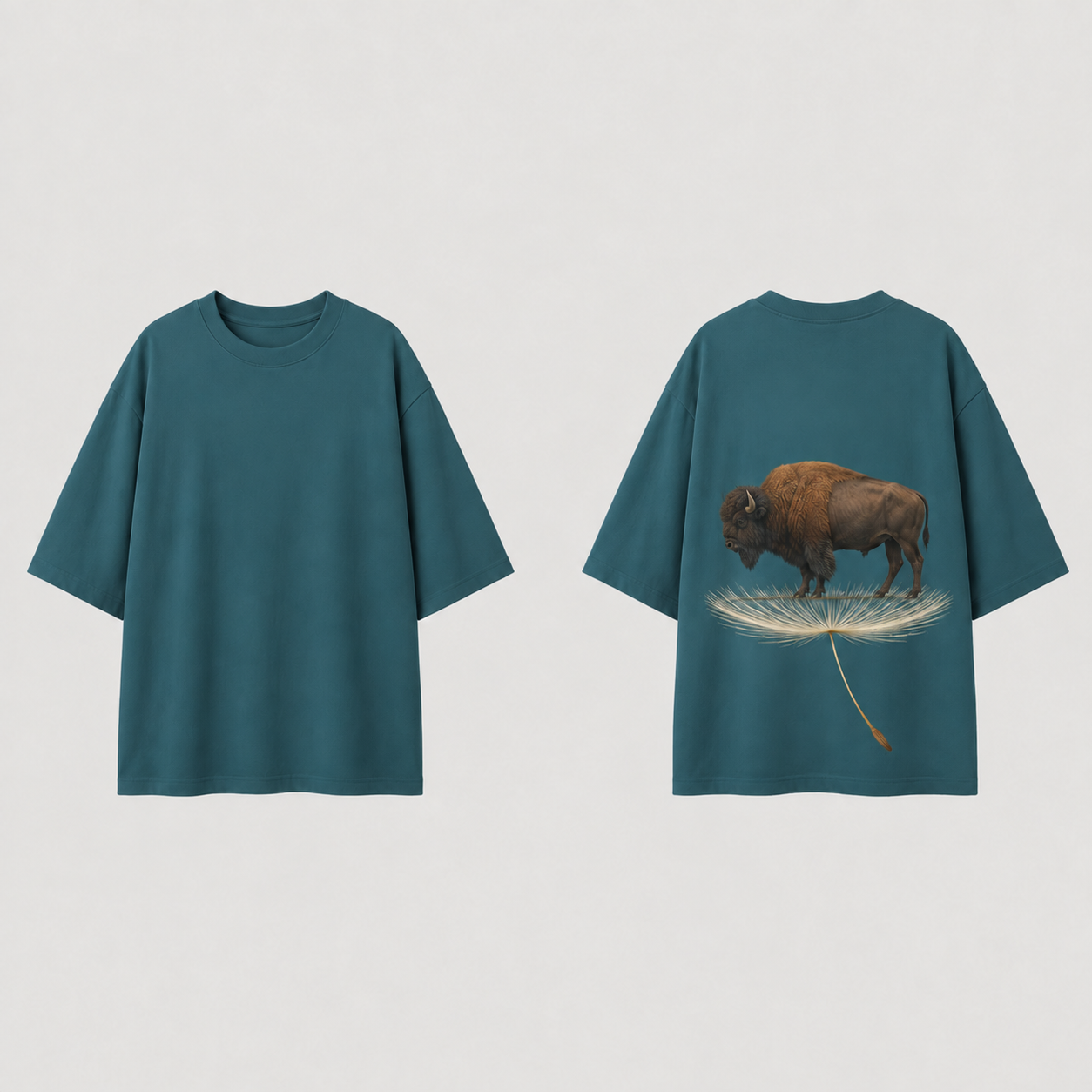 Deep Lagoon oversized tee shown front and back, with a natural bison standing on a giant floating dandelion seed printed on the back.