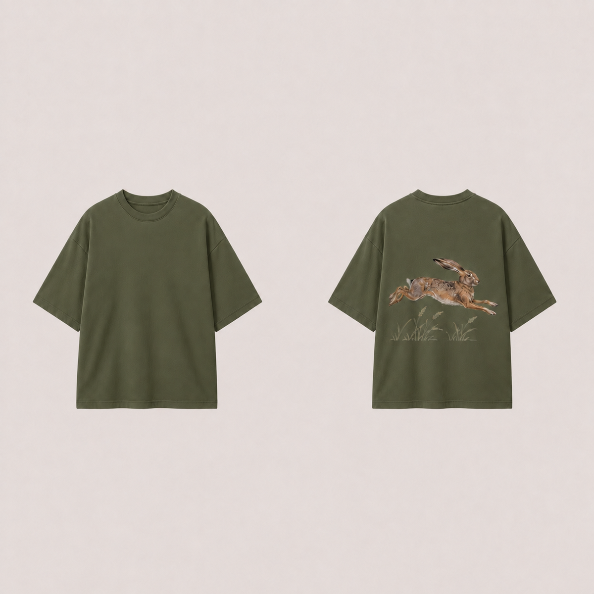 Front and back of a deep-moss oversized tee with a bounding brown hare and grass on the back and a plain front.