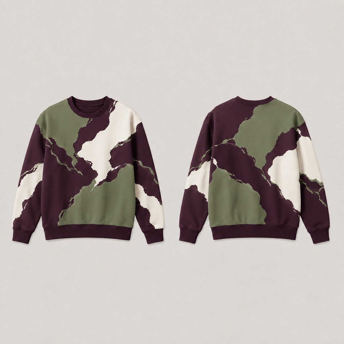 Front and back of a mulberry crewneck sweatshirt with matching large moss and cream irregular printed fields and plain ribs.