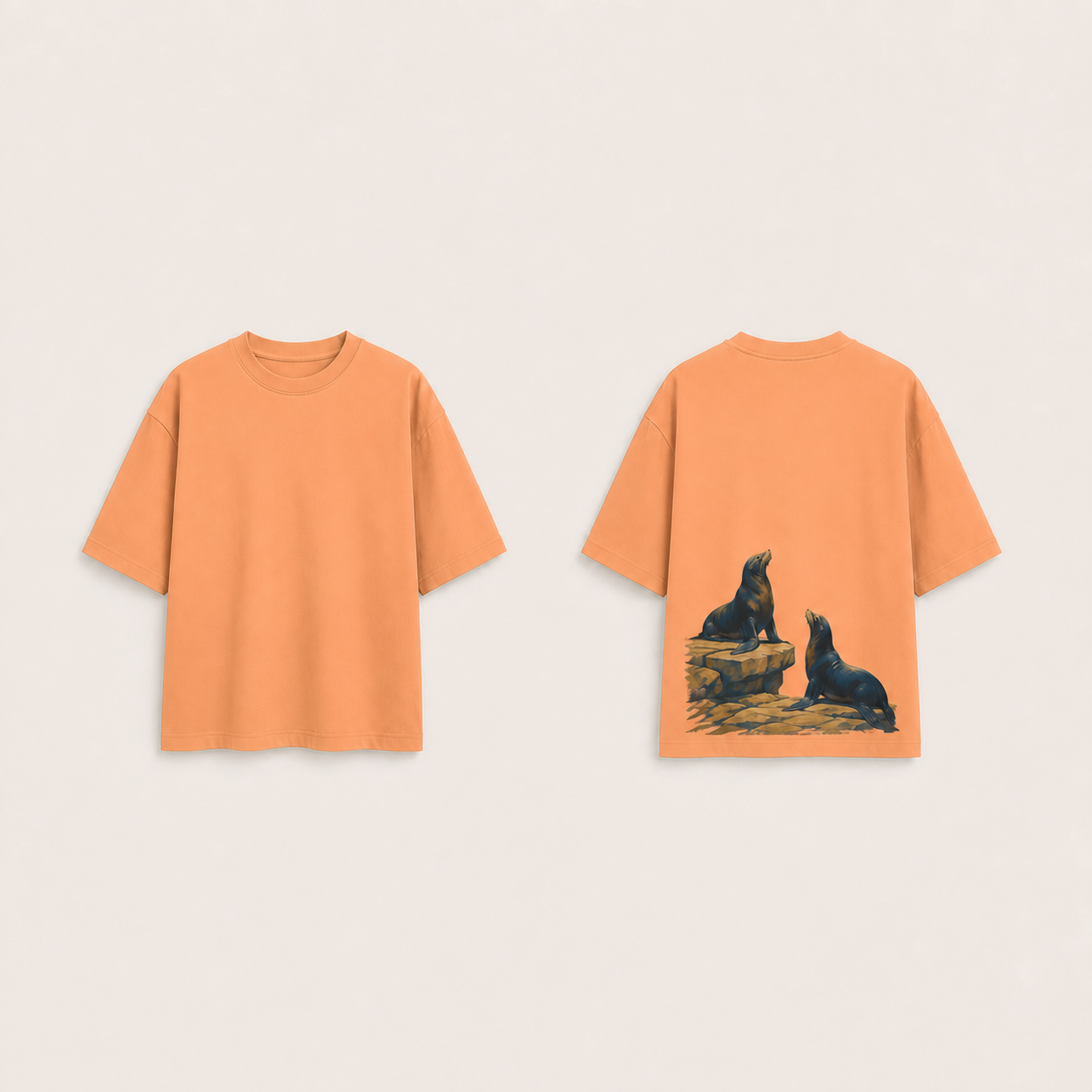Soft papaya boxy tee shown from front and back with the same sea-lion scene and plain front.