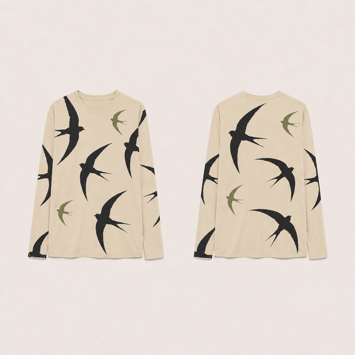 Pale Sand long-sleeve tee with matching large ink-black and smaller olive fork-tailed birds in flight.