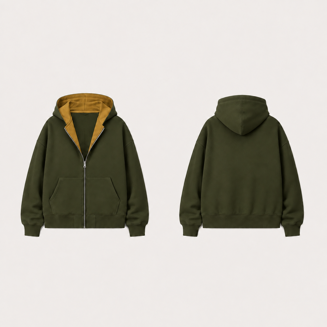 Deep olive zip hoodie in the same shape, with golden tan hood lining and upper zipper facings.