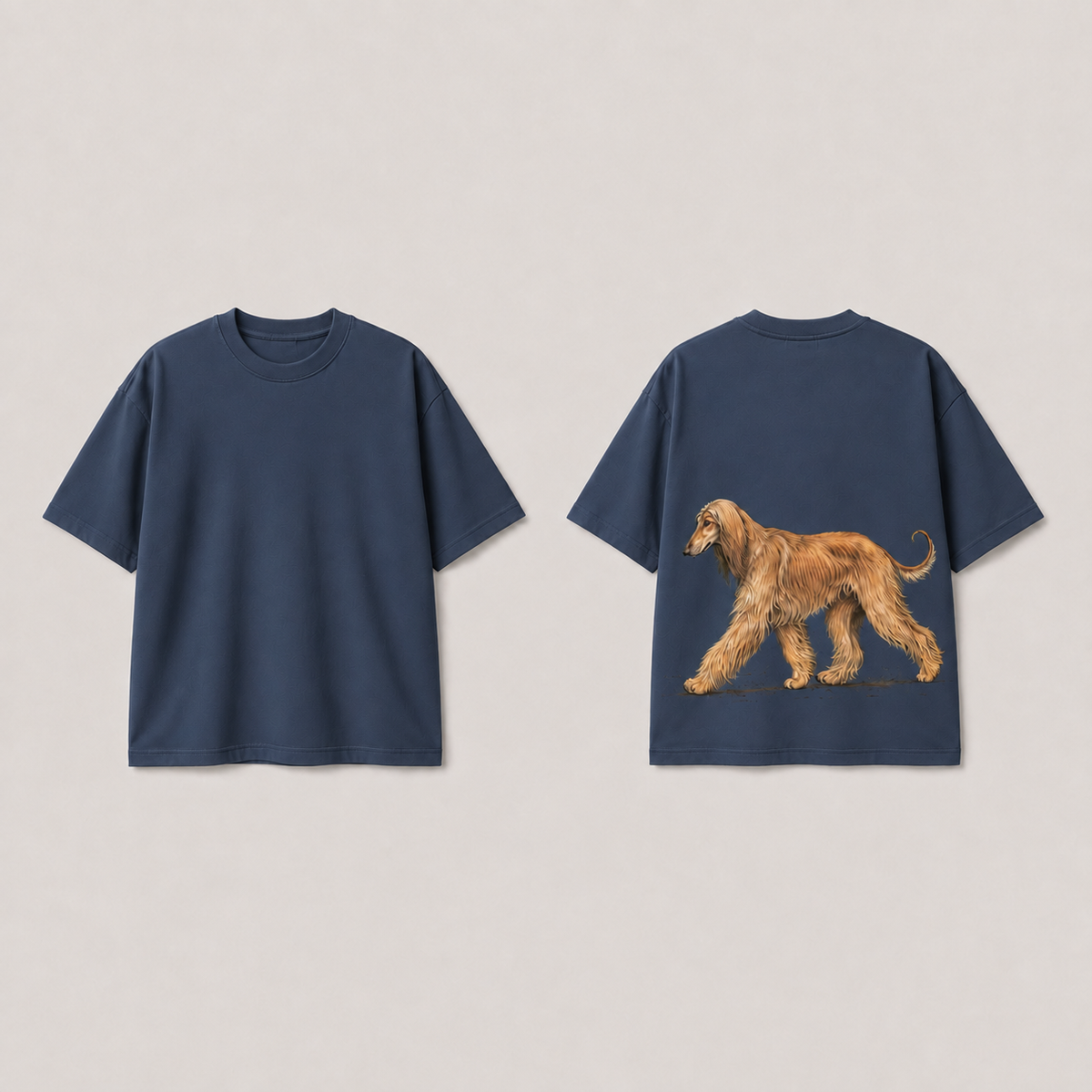 Front and back of a solid storm-blue tee with a long-haired ochre-and-cream hound walking in profile on the back.
