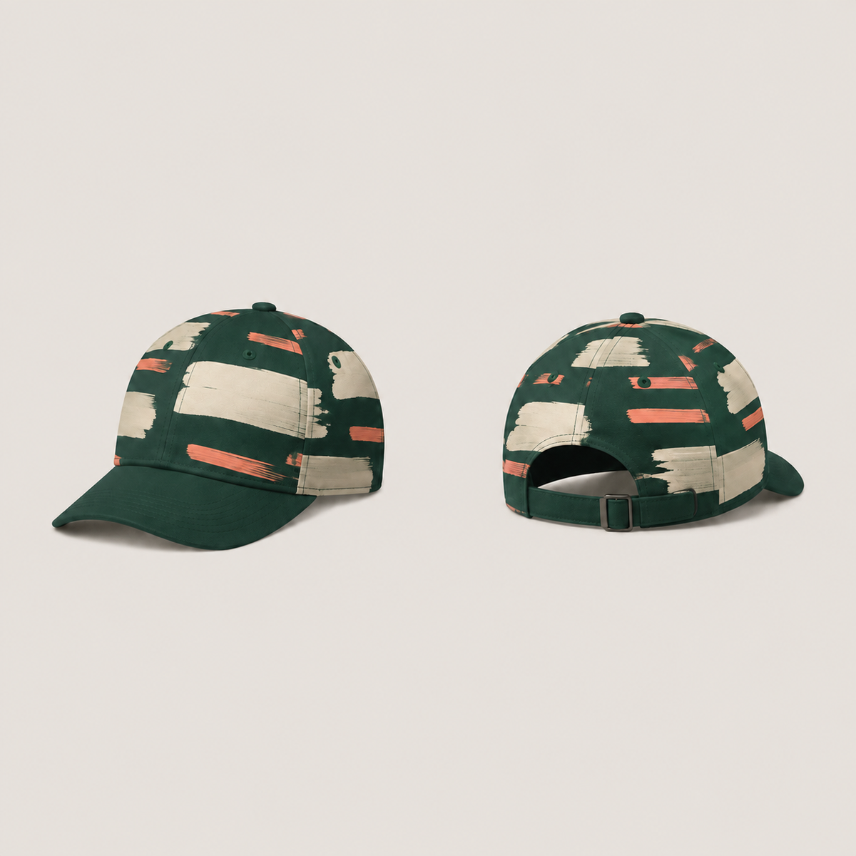 Front and rear views of a pine-green low-profile cap with matching cream brush blocks and coral bars on the crown, plain peak and rear strap.