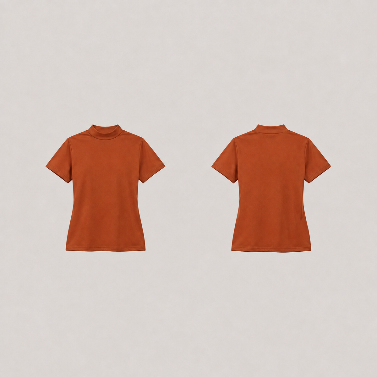 Front and back of a plain burnt-sienna fitted short-sleeve tee with the same low mock neckline and level hem.