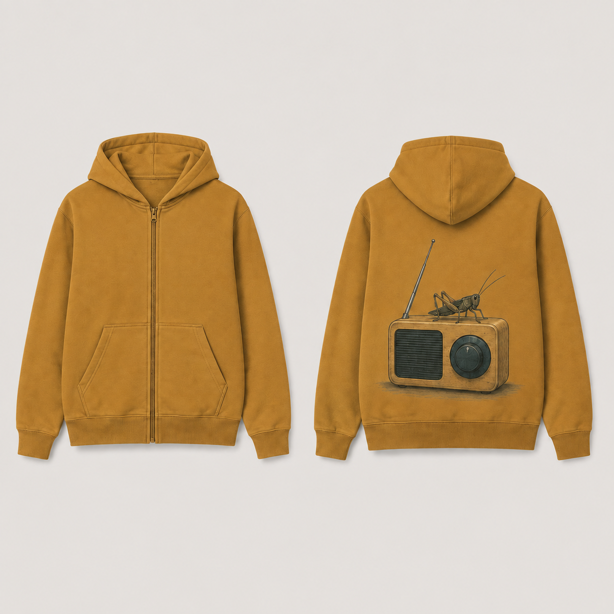 Front and back of a deep-ochre zip hoodie with an ochre portable radio and a natural long-antennaed cricket perched on its top on the back.