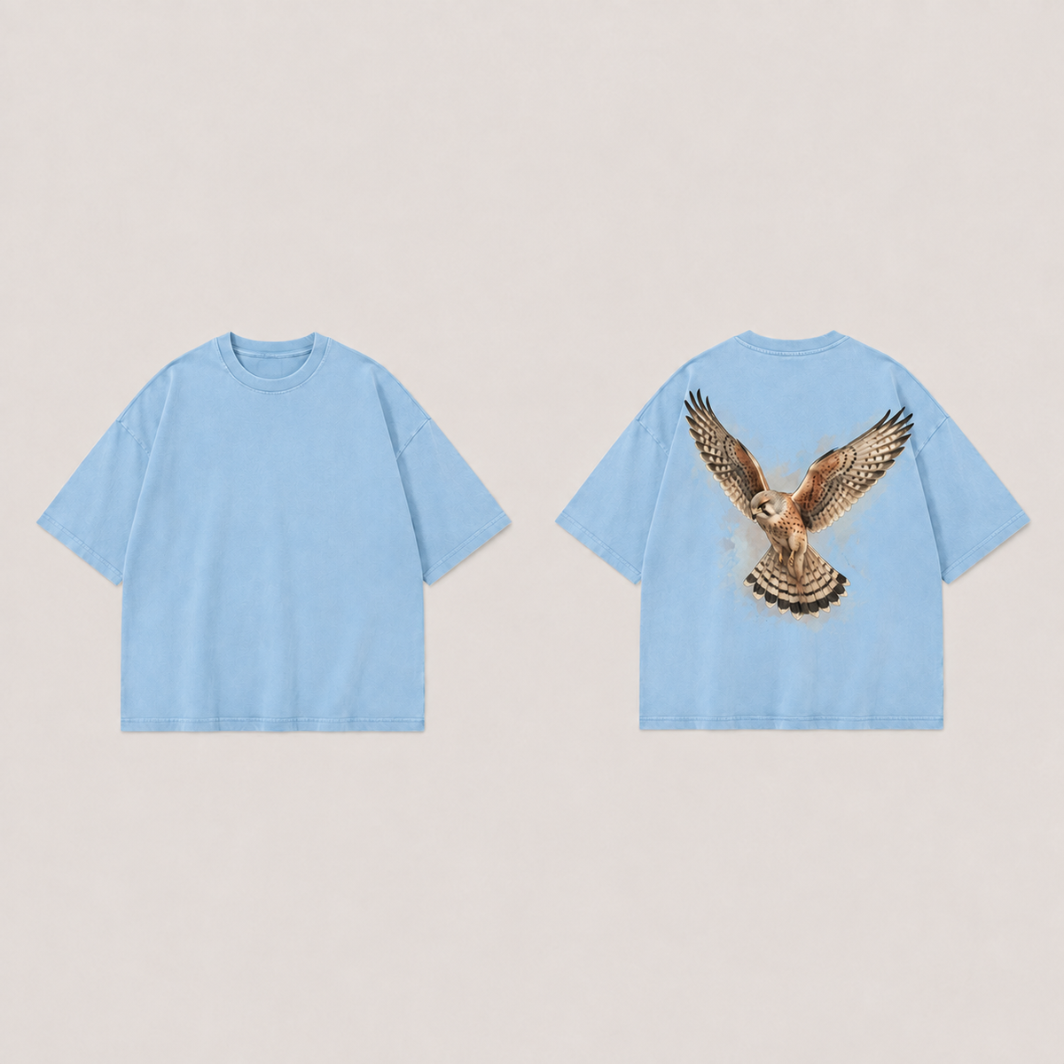 Front and back of a pale-sky oversized tee with the same hovering kestrel on the back and a plain front.