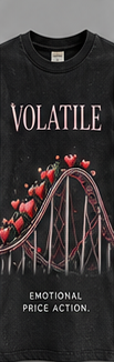 Emotional Price Action: black tee with a heart-filled roller coaster.