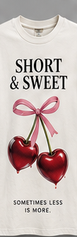 Short and Sweet: bone tee with two cherries tied in a pink ribbon.