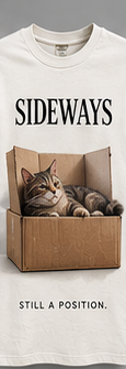 Sideways: bone graphic tee with a cat settled in a cardboard box.