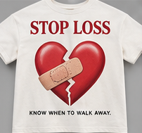 Know When to Walk Away: bone tee with a patched red heart.