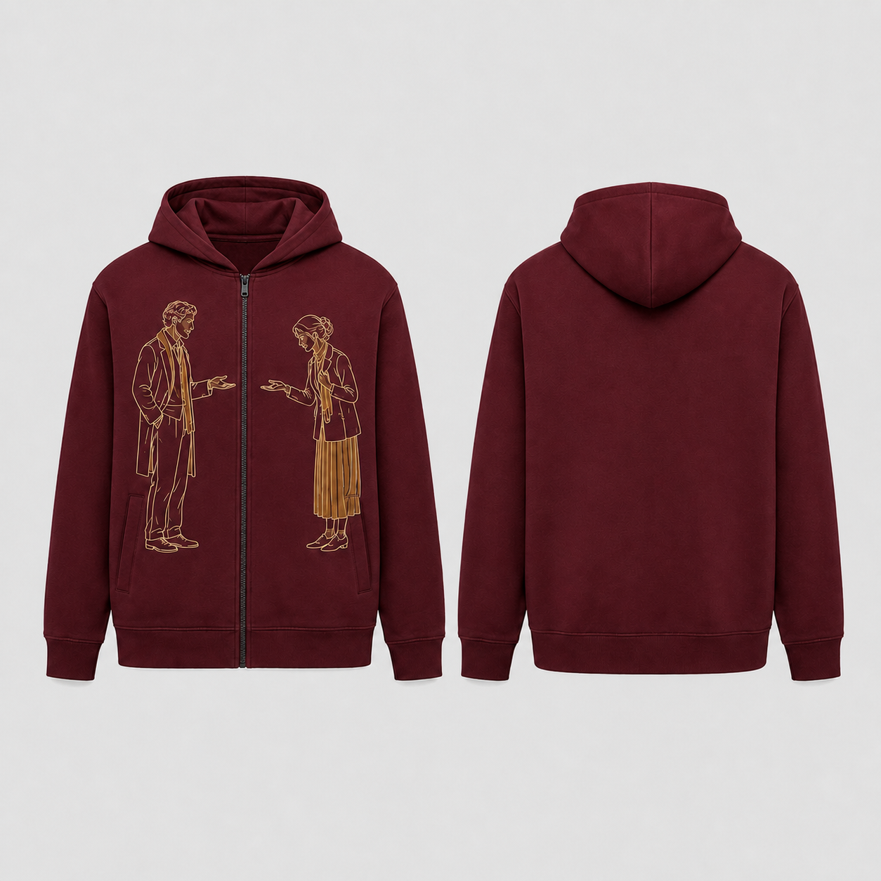 Front and back of a burgundy zip hoodie with the same reciprocal encounter drawing split by the center zipper and a plain back.