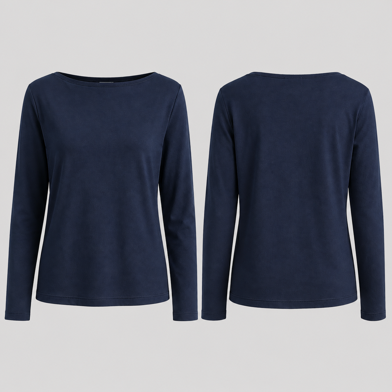 Front and back of an ink-blue long-sleeve tee with the same shallow boat neckline and straight proportions.