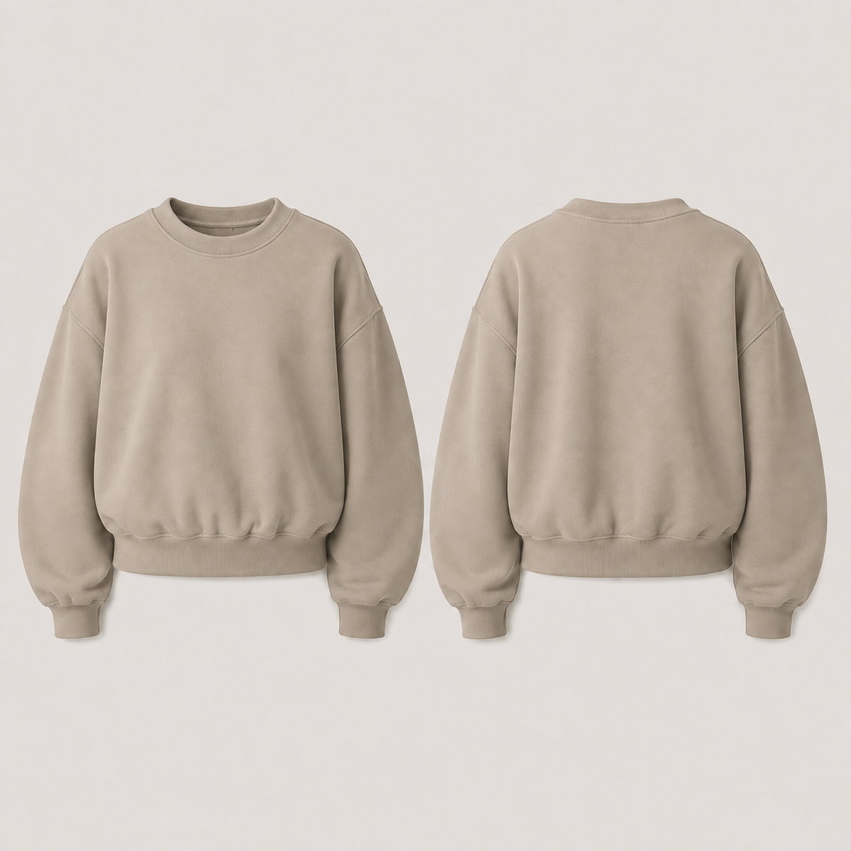 Front and back of a plain mushroom-gray crewneck with a compact rounded body and matching curved barrel sleeves.