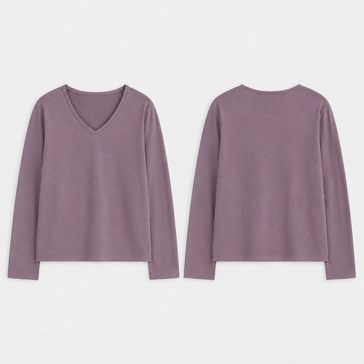 Front and back of the same soft-V long-sleeve tee in washed plum.