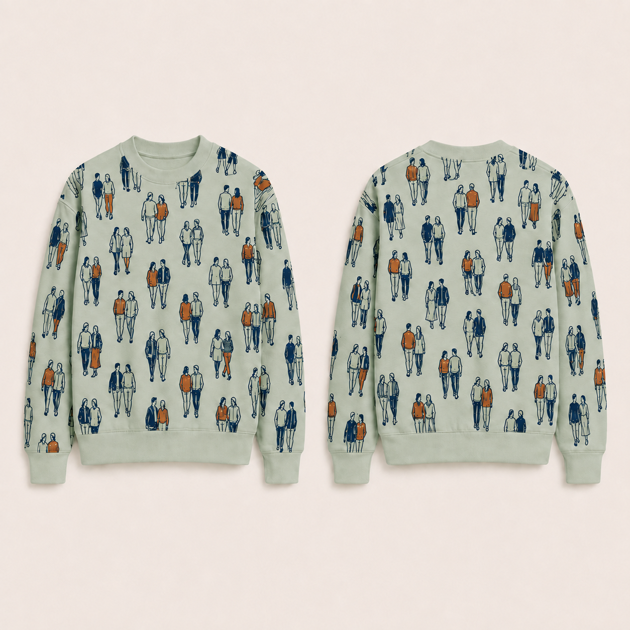 Front and back of a pale-sage crewneck with the same compact walking-pair repeat and plain edges.
