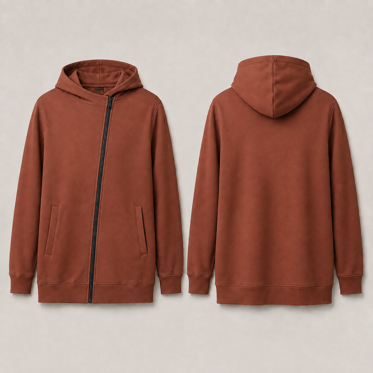 Front and back of a rust zip hoodie with a single zipper angled from the center hem to the left neckline.