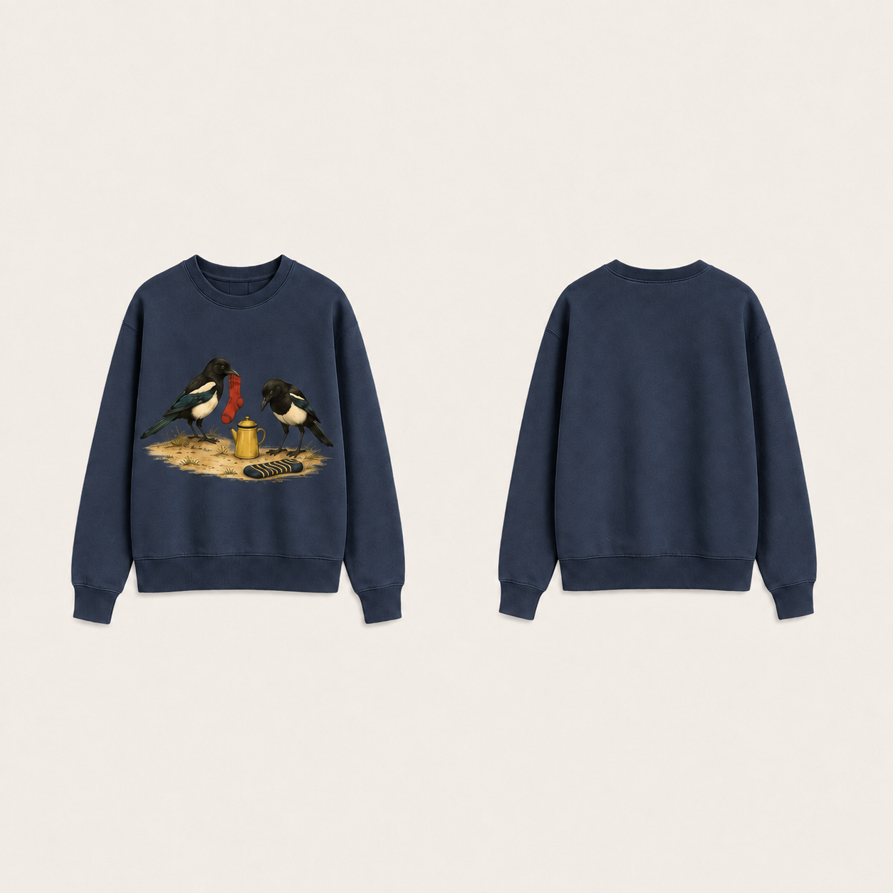 The same crewneck in faded navy, retaining the magpies and mismatched empty socks on the front.