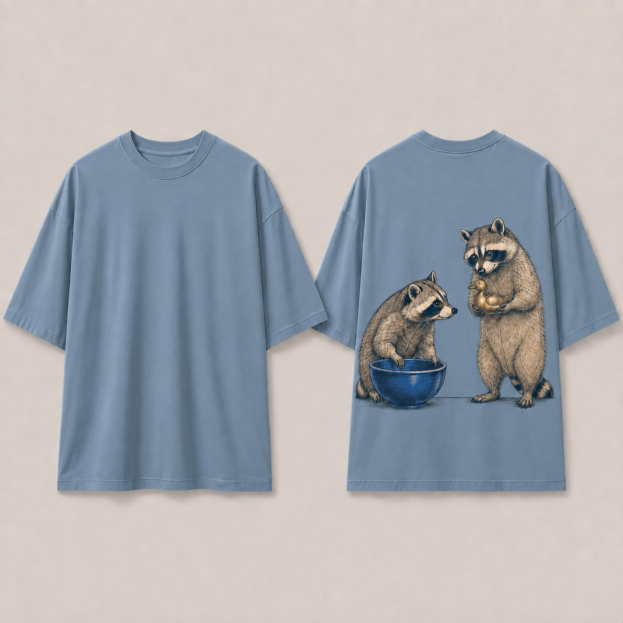 Front and back design renderings of a washed-blue oversized tee with a plain front. On the back, one raccoon at a blue bowl glances at a second raccoon carefully holding a brass duck figurine.