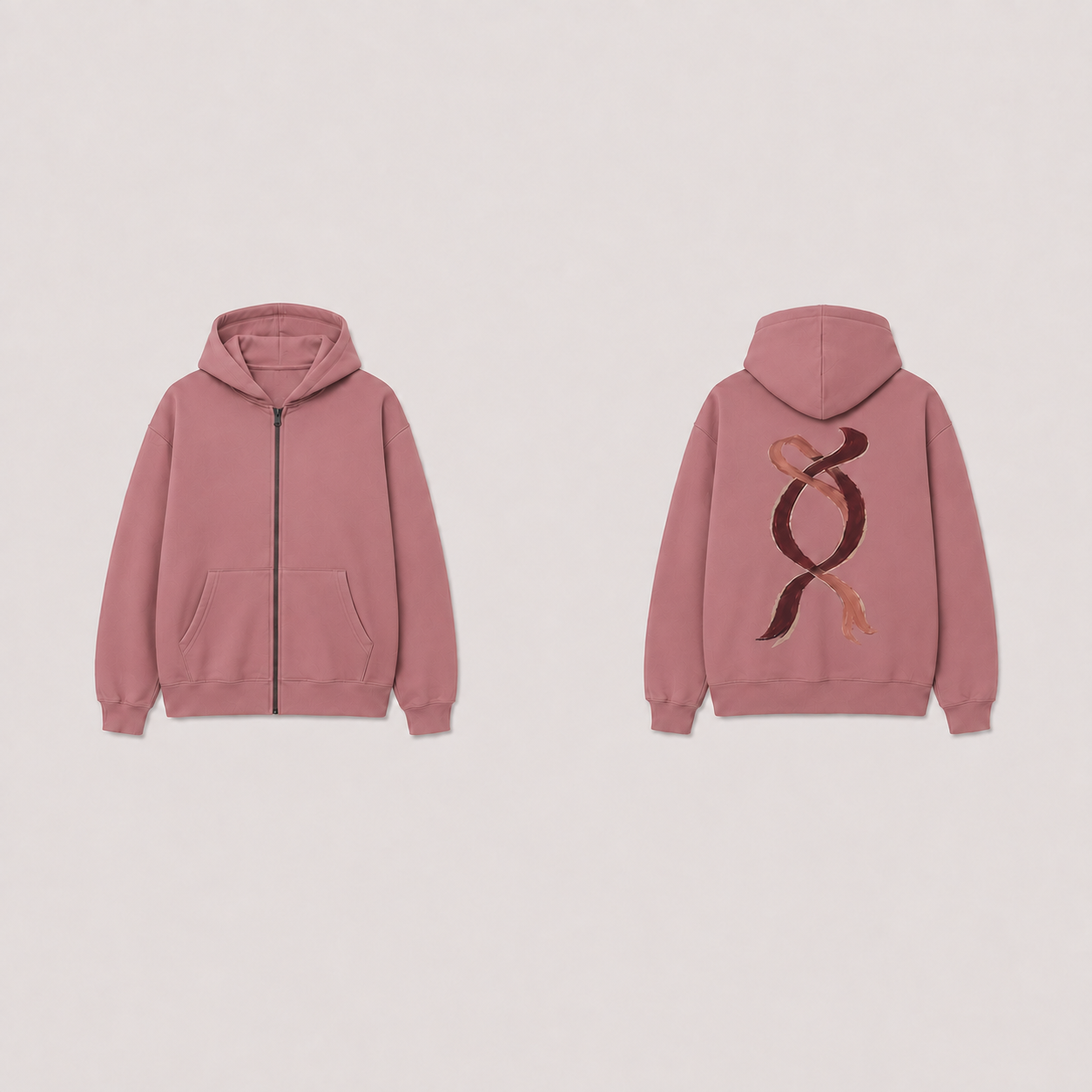 The same zip hoodie in dusty rose, retaining the back ornament, closed zipper and plain front.