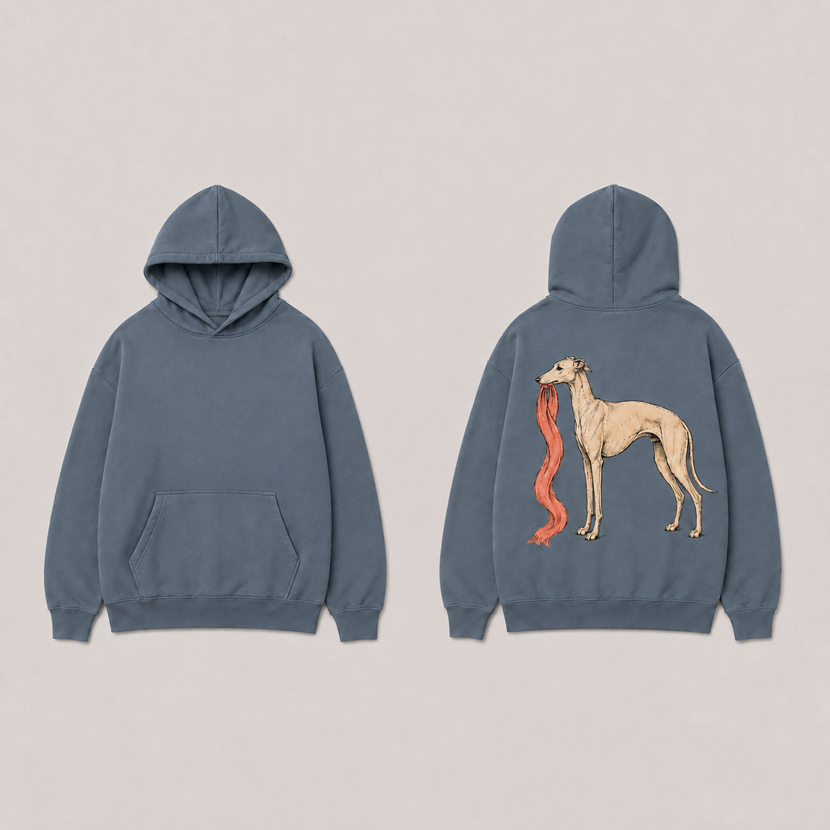 Front and back of the same hoodie in blue grey with the unchanged cream whippet and coral scarf drawing.